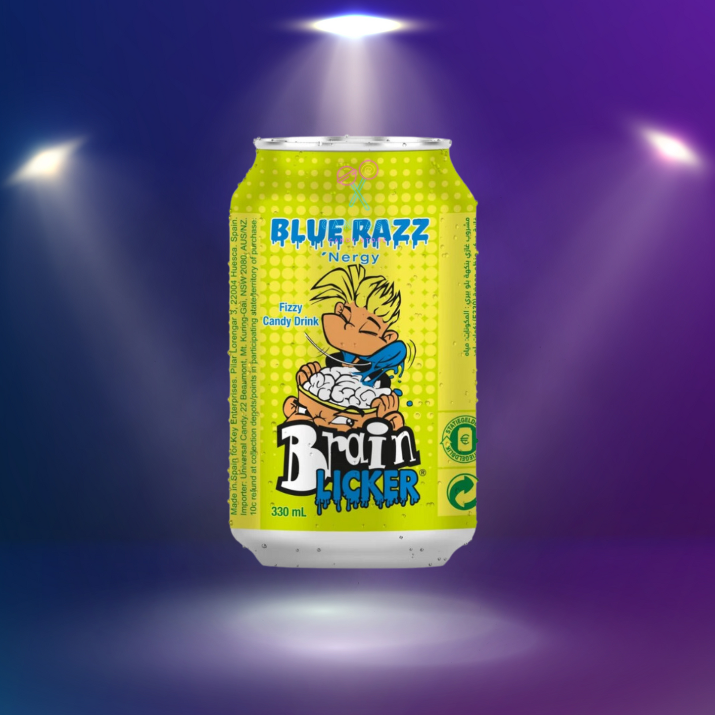 Bild des Mega Brain Licker Drinks, einem sauren Erfrischungsgetränk mit blauem Himbeergeschmack, das die intensive Säure und den unverkennbaren Geschmack der klassischen Brain Licker Rollen widerspiegelt.