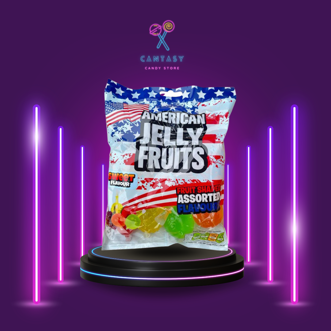 Eine Packung mit 315g American Jelly Fruits, köstliche Fruchtgelees in einer Vielzahl von saftigen Aromen. Ideal zum Naschen oder Teilen mit Freunden und Familie. Gönnen Sie sich den unverwechselbaren Geschmack von Amerika!