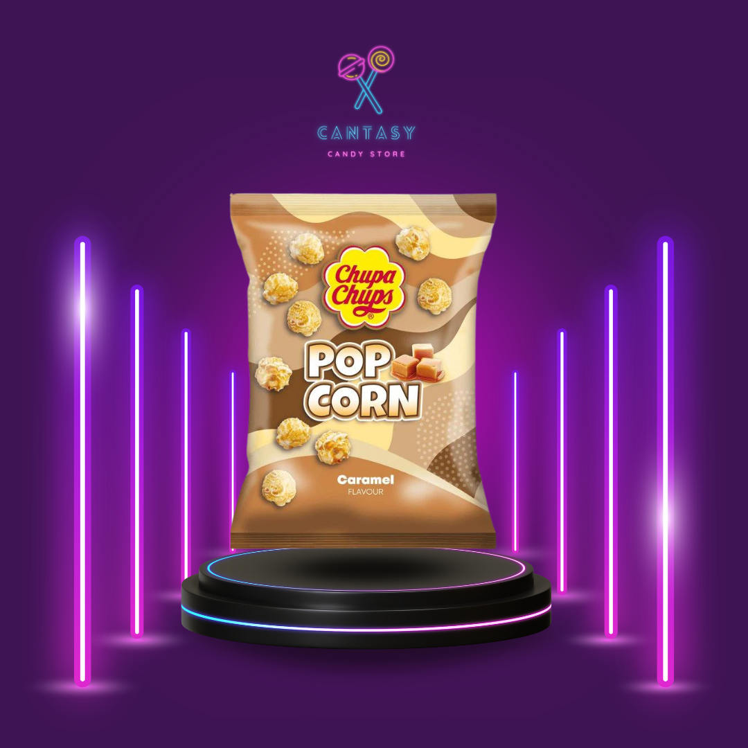 Eine Packung Chupa Chups Popcorn Caramel 110g, mit knusprigem Popcorn und einer Karamellschicht, perfekt für Genussmomente zu Hause.