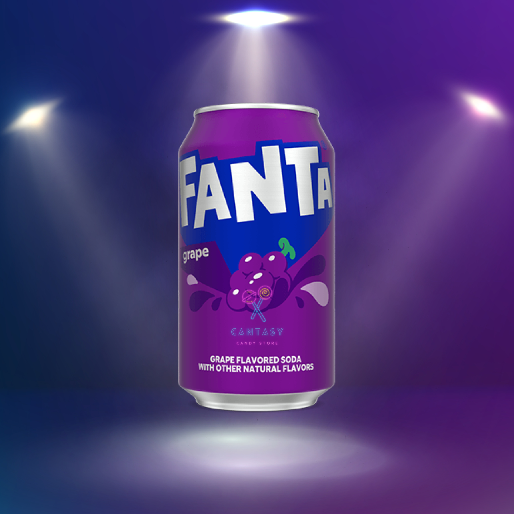 Fanta Grape USA: Eine Dose mit einem Etikett, das den erfrischenden Geschmack der Limonade bewirbt, umgeben von Trauben. Ein erfrischender Drink ohne Koffein, der die Suesse von Trauben in ihrer reinsten Form bietet.