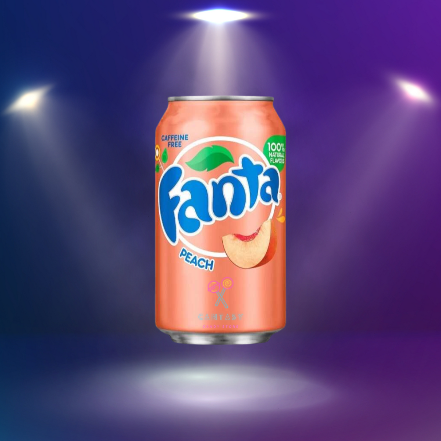 Eine Dose Fanta Peach USA mit frischen Pfirsichen und dem auffälligen Fanta-Logo – ein erfrischendes Getränk für unterwegs, das Ihre Geschmacksnerven verwöhnt!
