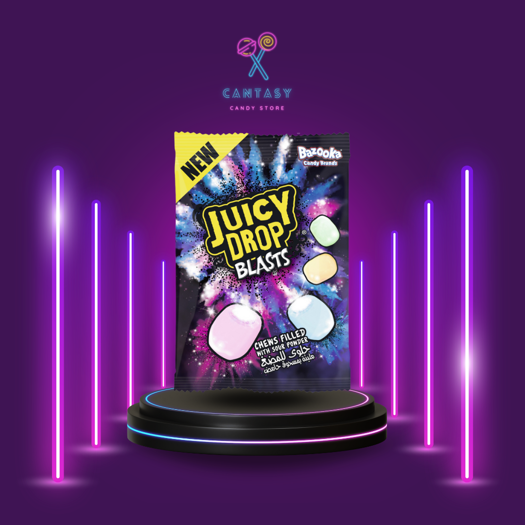 Bazooka Juicy Drop Blasts - Spritzige Kaubonbons mit prickelndem Brausepulverkern in den Geschmacksrichtungen Apfel, Wassermelone, Zitrone, Cola und Himbeere