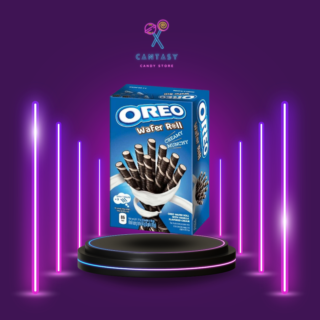 Oreo Wafer Rolls Vanilla: Knusprige Waffelröllchen gefüllt mit zarter Vanillecreme, perfekt als süßer Snack allein oder als köstliche Dessertzutat. Der legendäre Oreo-Geschmack im handlichen Rollenformat