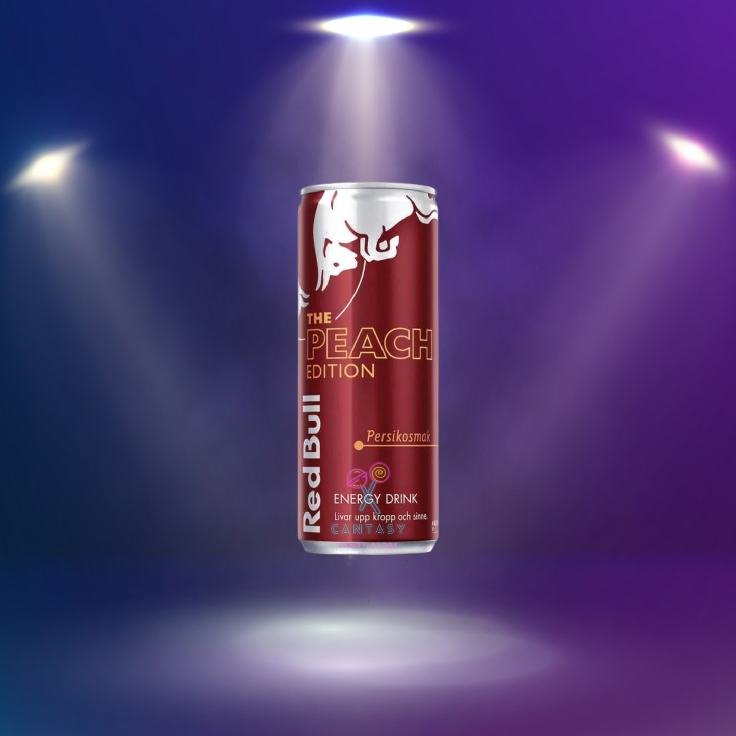Eine Dose Red Bull Peach mit saftigen Pfirsichen und dem markanten Red Bull Logo – die perfekte Erfrischung für den Sommer!